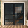 Perth 8 Pane Solid Wood Internal Door Pair UK Made DD6318 - Tinted Glass - Eco-Urban® Shadow Black Premium Primed