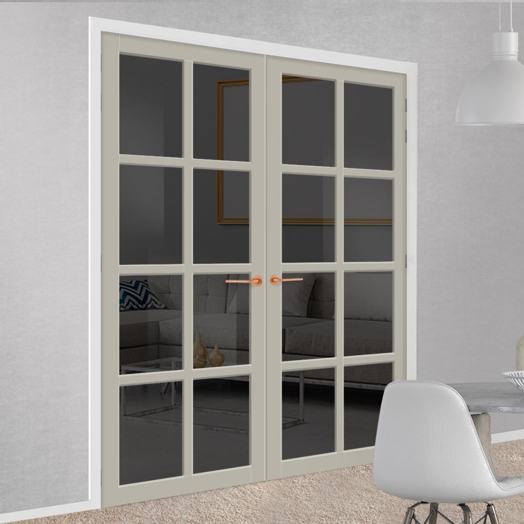Perth 8 Pane Solid Wood Internal Door Pair UK Made DD6318 - Tinted Glass - Eco-Urban® Mist Grey Premium Primed