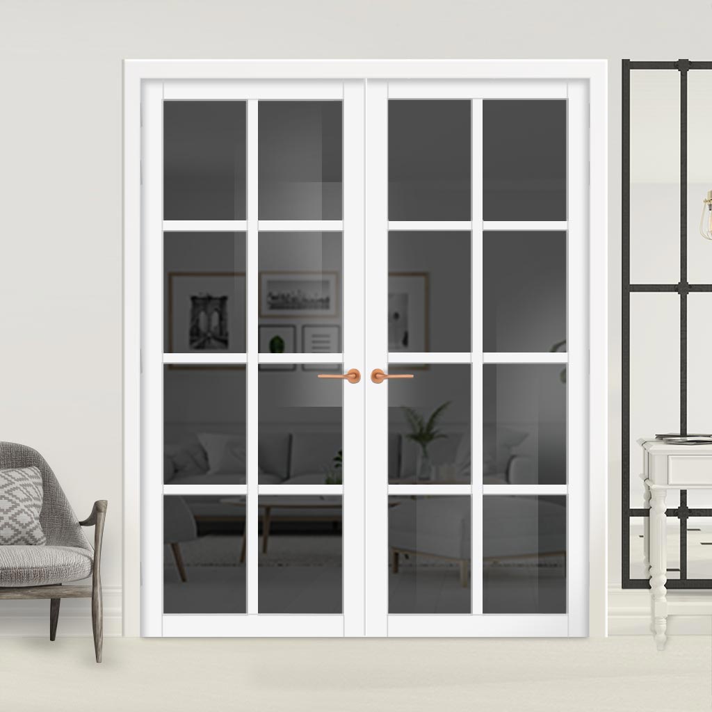 Perth 8 Pane Solid Wood Internal Door Pair UK Made DD6318 - Tinted Glass - Eco-Urban® Cloud White Premium Primed