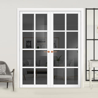Image: Perth 8 Pane Solid Wood Internal Door Pair UK Made DD6318 - Tinted Glass - Eco-Urban® Cloud White Premium Primed