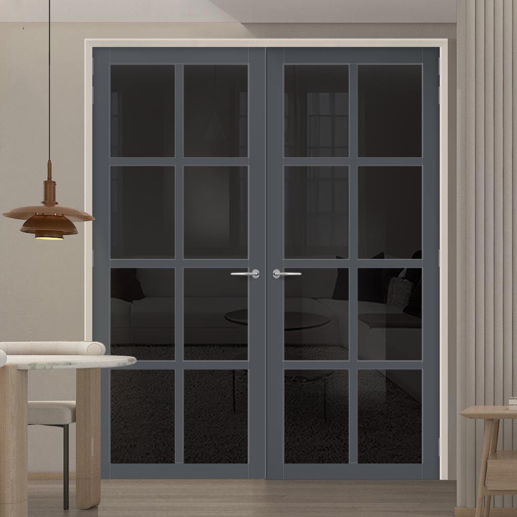 Perth 8 Pane Solid Wood Internal Door Pair UK Made DD6318 - Tinted Glass - Eco-Urban® Stormy Grey Premium Primed