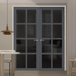 Image: Perth 8 Pane Solid Wood Internal Door Pair UK Made DD6318 - Tinted Glass - Eco-Urban® Stormy Grey Premium Primed