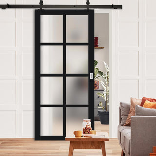 Image: Top Mounted Black Sliding Track & Solid Wood Door - Eco-Urban® Perth 8 Pane Solid Wood Door DD6318SG - Frosted Glass - Shadow Black Premium Primed