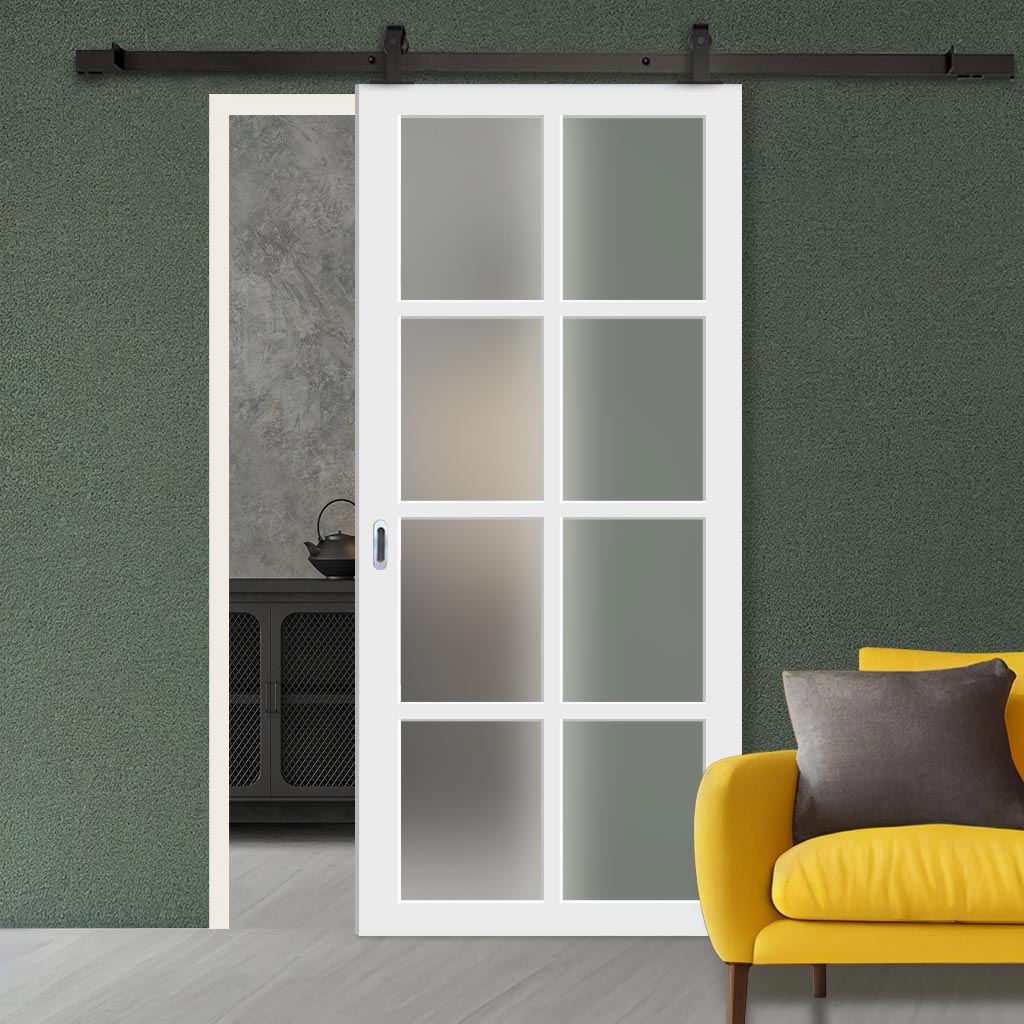 Top Mounted Black Sliding Track & Solid Wood Door - Eco-Urban® Perth 8 Pane Solid Wood Door DD6318SG - Frosted Glass - Cloud White Premium Primed