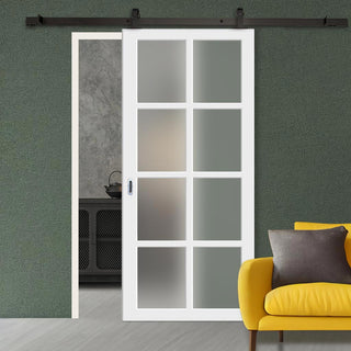 Image: Top Mounted Black Sliding Track & Solid Wood Door - Eco-Urban® Perth 8 Pane Solid Wood Door DD6318SG - Frosted Glass - Cloud White Premium Primed
