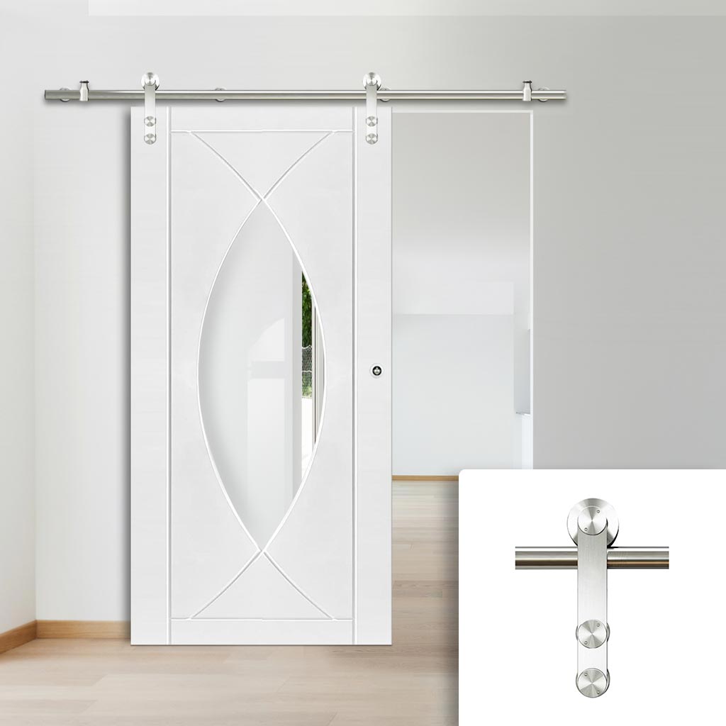 Saturn Tubular Stainless Steel Sliding Track & Pesaro Flush Door - Clear Glass - White Primed