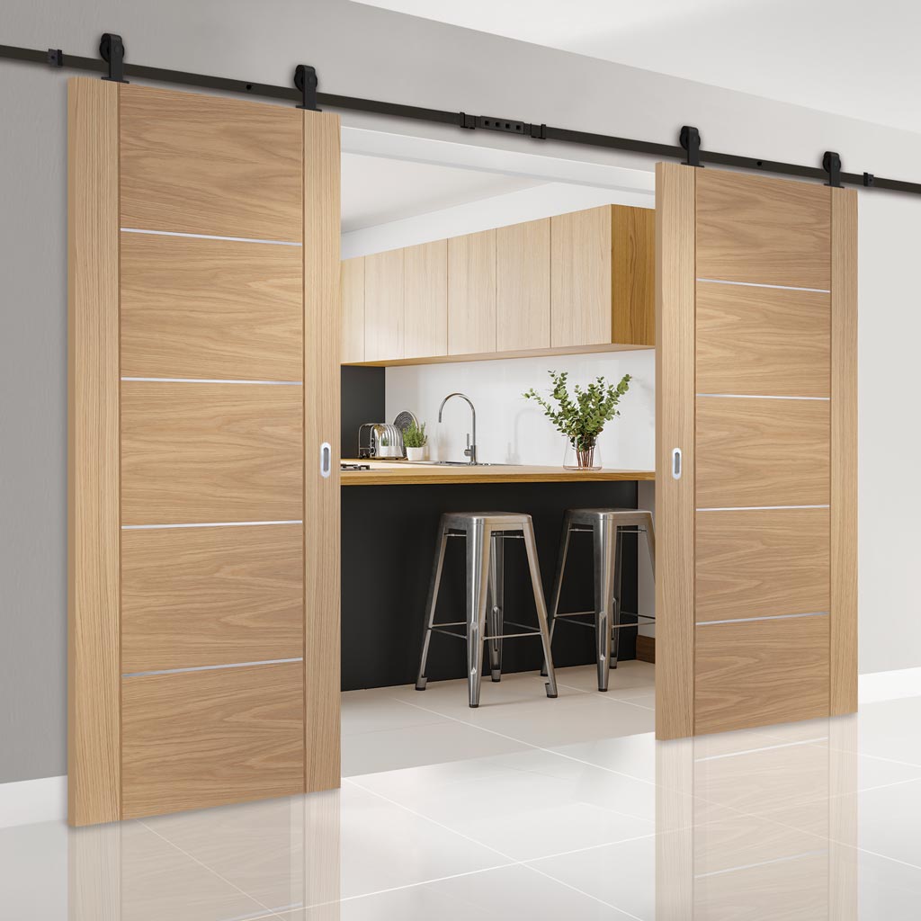 Top Mounted Black Sliding Track & Double Door - Portici Oak Flush Doors - Aluminium Inlay - Prefinished