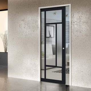 Image: Bespoke Handmade Eco-Urban® Portobello 5 Pane Single Evokit Pocket Door DD6438G Clear Glass(1 FROSTED PANE) - Colour Options