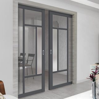 Image: Bespoke Handmade Eco-Urban® Portobello 5 Pane Double Evokit Pocket Door DD6438G Clear Glass(1 FROSTED PANE) - Colour Options