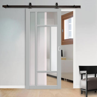 Image: Top Mounted Black Sliding Track & Solid Wood Door - Eco-Urban® Portobello 5 Pane Solid Wood Door DD6438G Clear Glass(1 FROSTED PANE) - Mist Grey Premium Primed