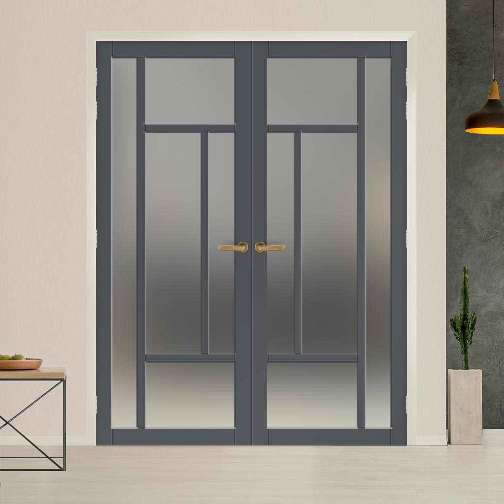 Portobello 5 Pane Solid Wood Internal Door Pair UK Made DD6438SG Frosted Glass - Eco-Urban® Stormy Grey Premium Primed