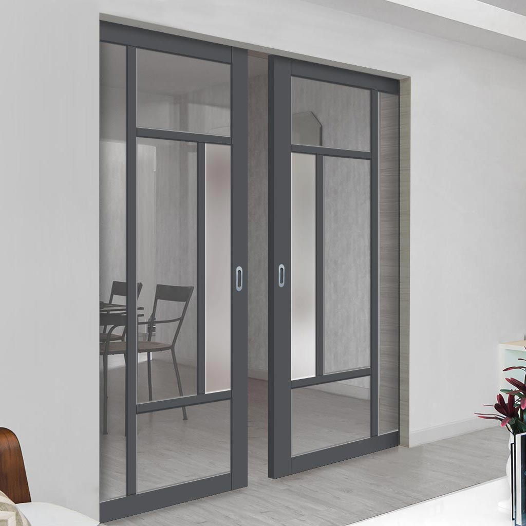 Handmade Eco-Urban® Portobello 5 Pane Double Absolute Evokit Pocket Door DD6438G Clear Glass(1 FROSTED PANE) - Colour & Size Options