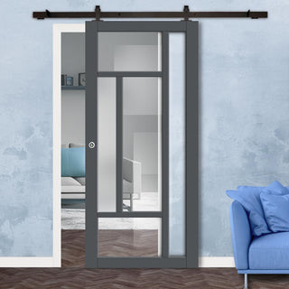 Image: Top Mounted Black Sliding Track & Solid Wood Door - Eco-Urban® Portobello 5 Pane Solid Wood Door DD6438G Clear Glass(1 FROSTED PANE) - Stormy Grey Premium Primed