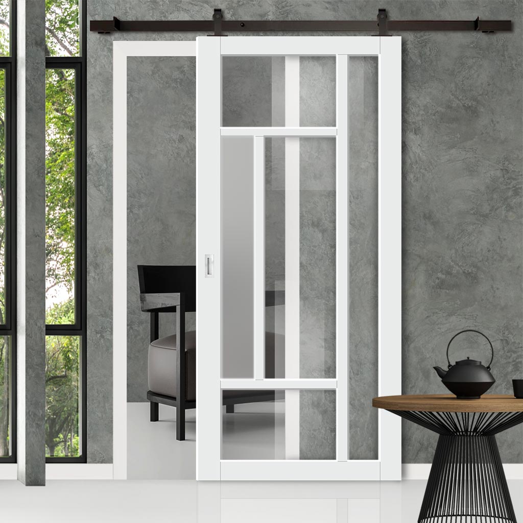 Top Mounted Black Sliding Track & Solid Wood Door - Eco-Urban® Portobello 5 Pane Solid Wood Door DD6438G Clear Glass(1 FROSTED PANE) - Cloud White Premium Primed