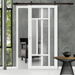 Image: Top Mounted Black Sliding Track & Solid Wood Door - Eco-Urban® Portobello 5 Pane Solid Wood Door DD6438G Clear Glass(1 FROSTED PANE) - Cloud White Premium Primed