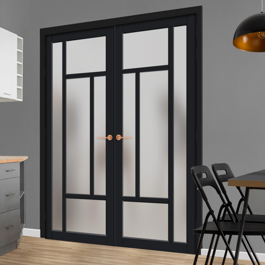 Portobello 5 Pane Solid Wood Internal Door Pair UK Made DD6438SG Frosted Glass - Eco-Urban® Shadow Black Premium Primed