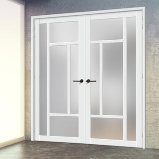 Image: Portobello 5 Pane Solid Wood Internal Door Pair UK Made DD6438SG Frosted Glass - Eco-Urban® Cloud White Premium Primed