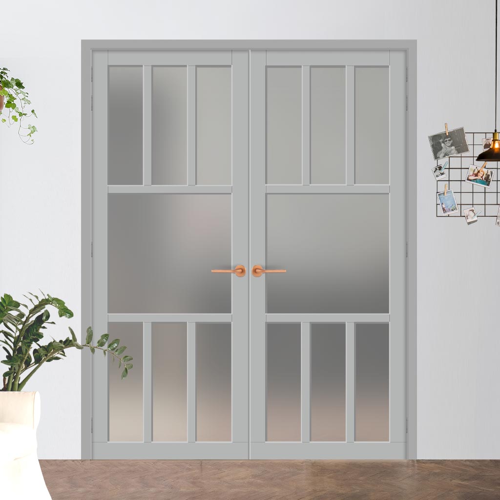 Eco-Urban Queensland 7 Pane Solid Wood Internal Door Pair UK Made DD6424SG Frosted Glass - Eco-Urban® Mist Grey Premium Primed