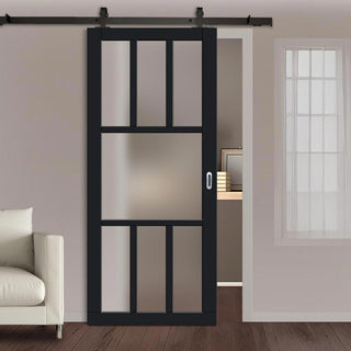 Image: Top Mounted Black Sliding Track & Solid Wood Door - Eco-Urban® Queensland 7 Pane Solid Wood Door DD6424SG Frosted Glass - Shadow Black Premium Primed