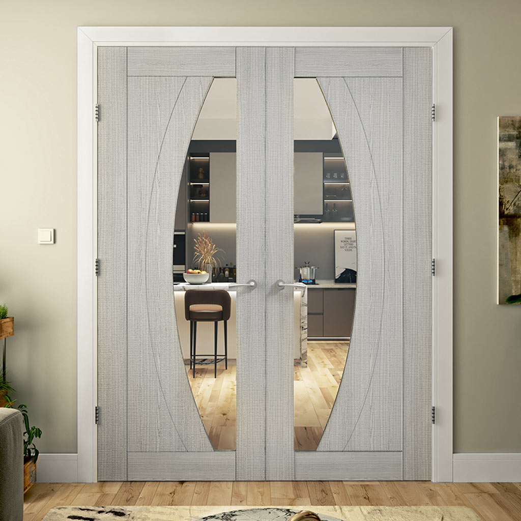 Ravello Light Grey Ash Internal Door Pair - Clear Glass - Prefinished