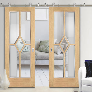 Image: Sirius Tubular Stainless Steel Sliding Track & Reims Diamond 5 Panel Oak Double Door- Clear Bevelled Glass - Prefinished