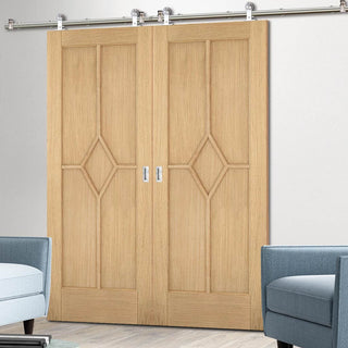 Image: Sirius Tubular Stainless Steel Sliding Track & Reims Diamond 5 Panel Oak Double Door - Prefinished