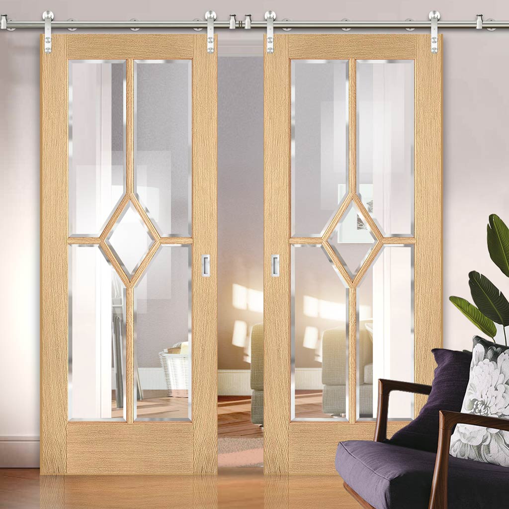 Saturn Tubular Stainless Steel Sliding Track & Reims Diamond 5 Panel Oak Double Door- Clear Bevelled Glass - Prefinished