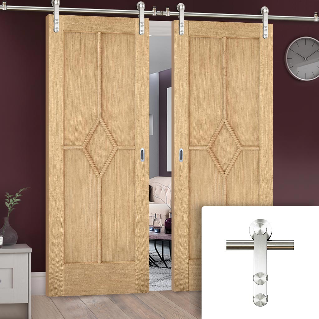 Saturn Tubular Stainless Steel Sliding Track & Reims Diamond 5 Panel Oak Double Door - Prefinished