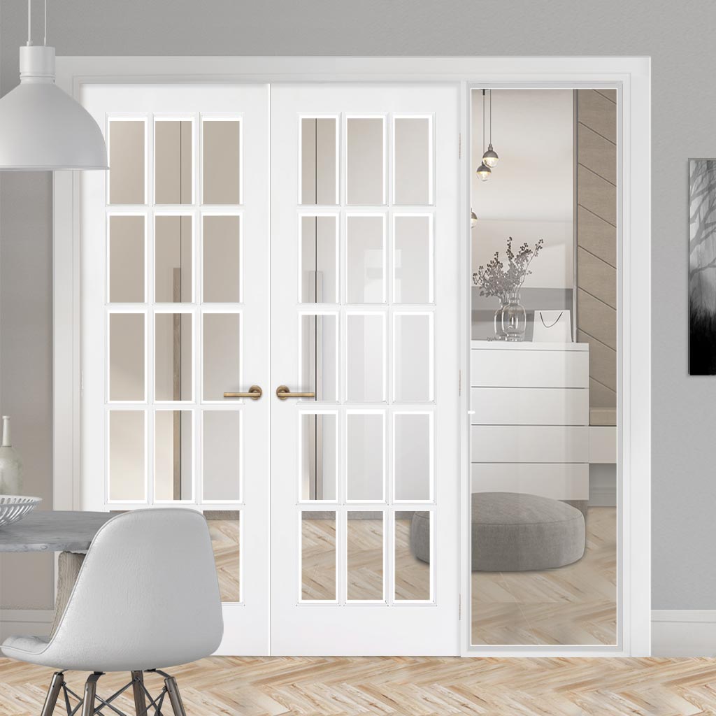 ThruEasi White Room Divider - SA 15L Clear Glass Primed Door Pair with Full Glass Side