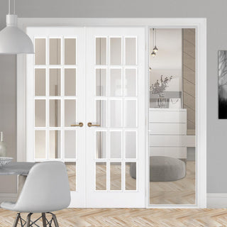 Image: ThruEasi White Room Divider - SA 15L Clear Glass Primed Door Pair with Full Glass Side