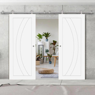 Image: Sirius Tubular Stainless Steel Sliding Track & Salerno Flush Double Door - White Primed