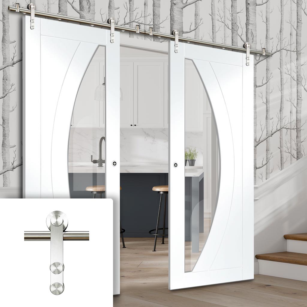 Saturn Tubular Stainless Steel Sliding Track & Salerno Double Door - Clear Glass - White Primed
