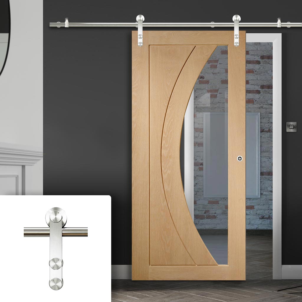 Saturn Tubular Stainless Steel Sliding Track & Salerno Oak Door - Clear Glass - Prefinished