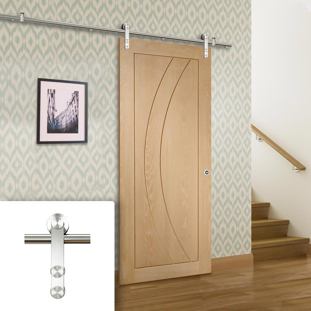 Saturn Tubular Stainless Steel Sliding Track & Salerno Oak Flush Door - Unfinished