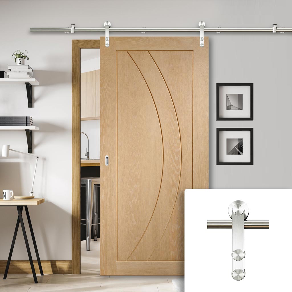 Saturn Tubular Stainless Steel Sliding Track & Salerno Oak Flush Door - Prefinished