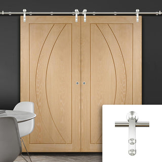 Image: Saturn Tubular Stainless Steel Sliding Track & Salerno Oak Flush Double Door - Prefinished