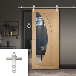 Image: Saturn Tubular Stainless Steel Sliding Track & Salerno Oak Door - Clear Glass - Unfinished