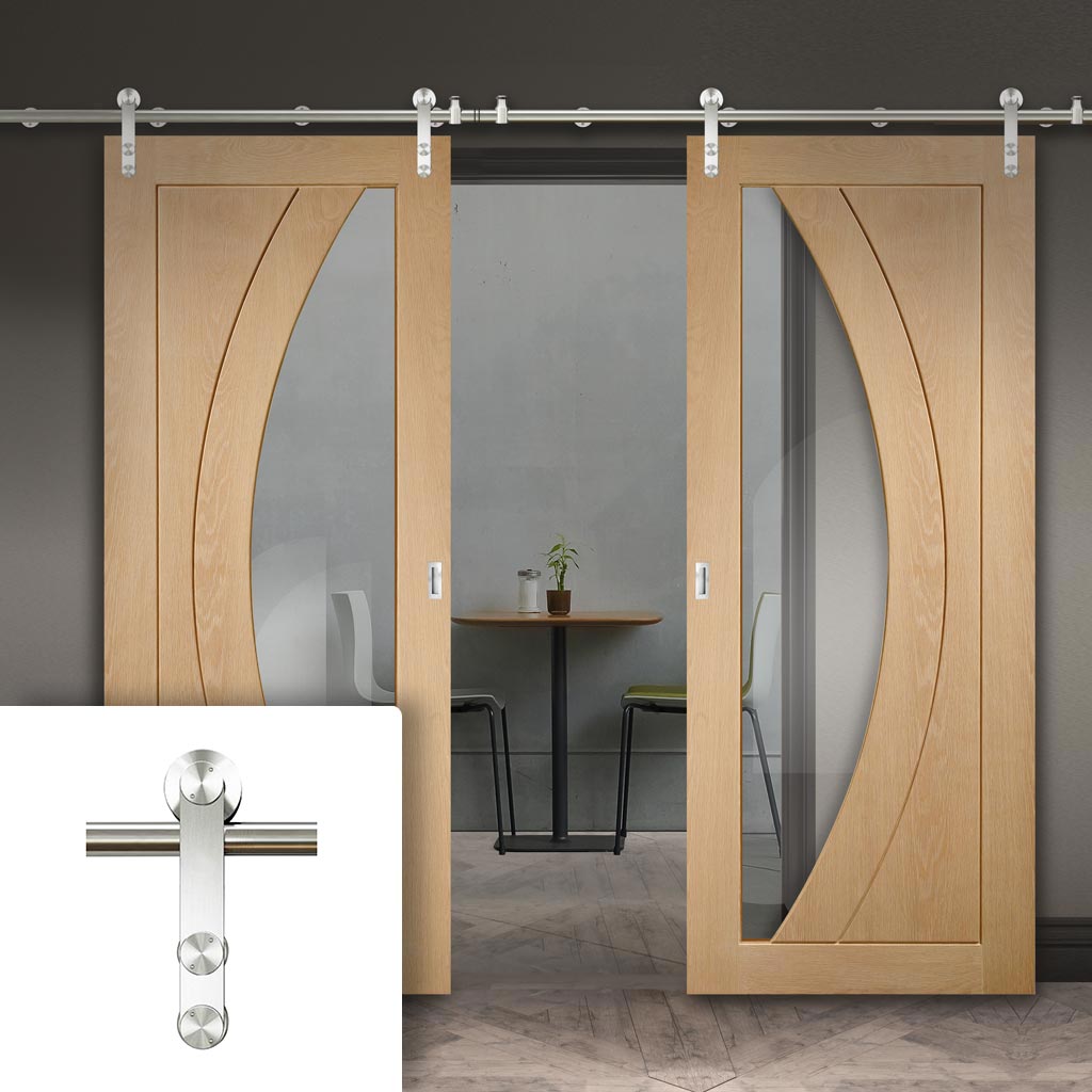 Saturn Tubular Stainless Steel Sliding Track & Salerno Oak Double Door - Clear Glass - Unfinished