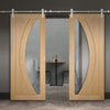 Saturn Tubular Stainless Steel Sliding Track & Salerno Oak Double Door - Clear Glass - Unfinished
