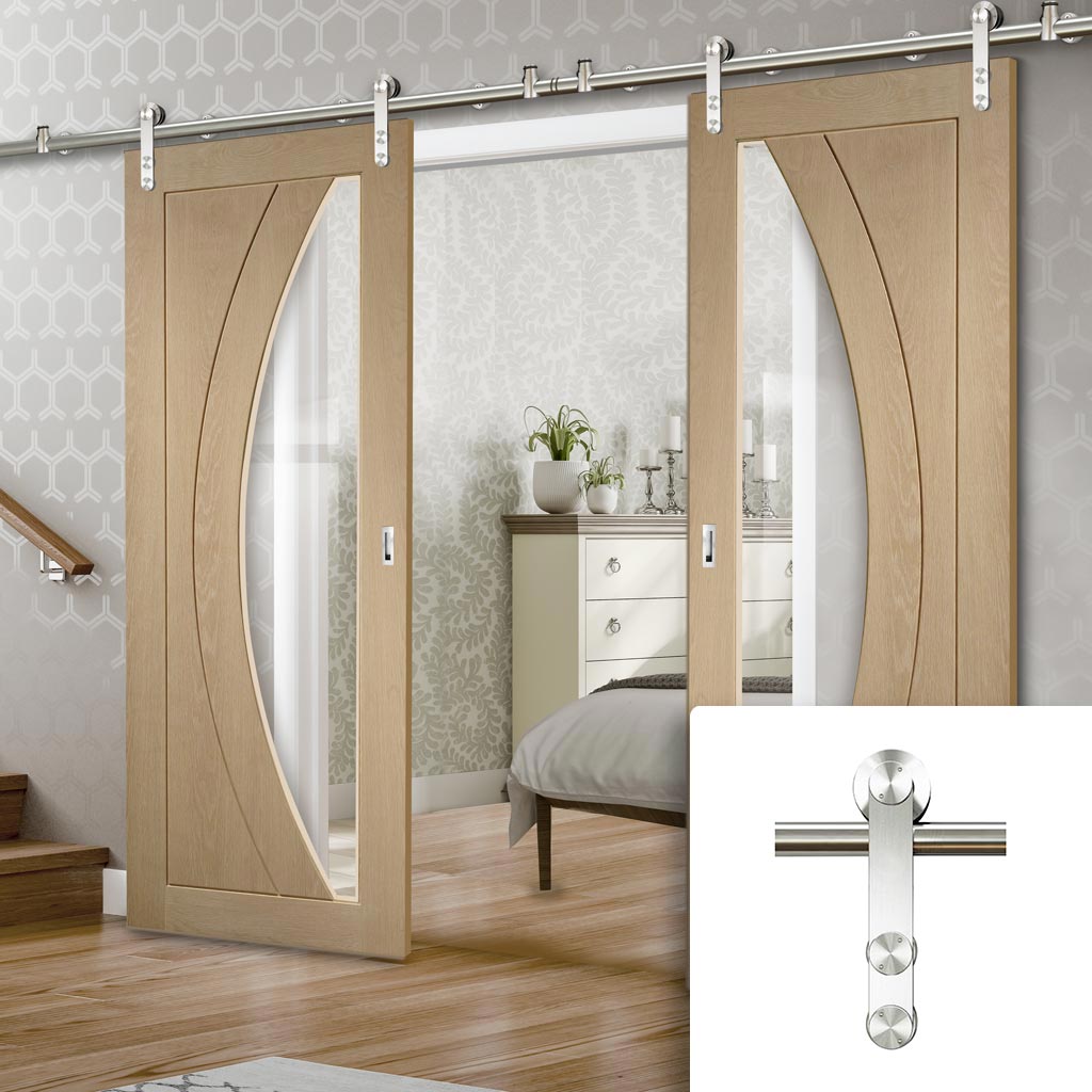 Saturn Tubular Stainless Steel Sliding Track & Salerno Oak Double Door - Clear Glass - Prefinished