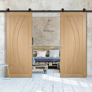 Image: Top Mounted Black Sliding Track & Double Door - Salerno Oak Flush Doors - Unfinished