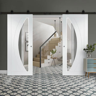 Image: Top Mounted Black Sliding Track & Double Door - Salerno Doors - Clear Glass - White Primed