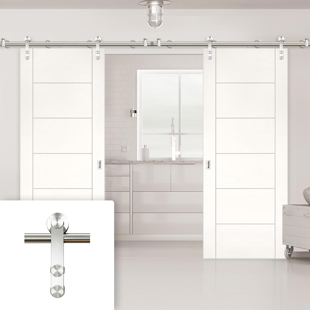 Saturn Tubular Stainless Steel Sliding Track & Seville Flush Double Door - Primed