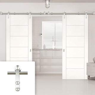 Image: Saturn Tubular Stainless Steel Sliding Track & Seville Flush Double Door - Primed