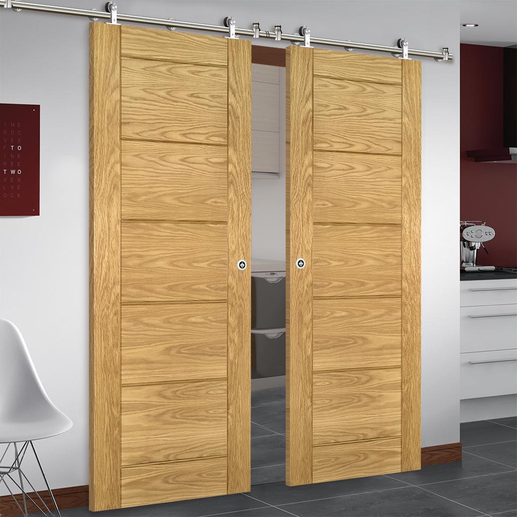 Sirius Tubular Stainless Steel Sliding Track & Seville Oak Panel Double Door - Prefinished