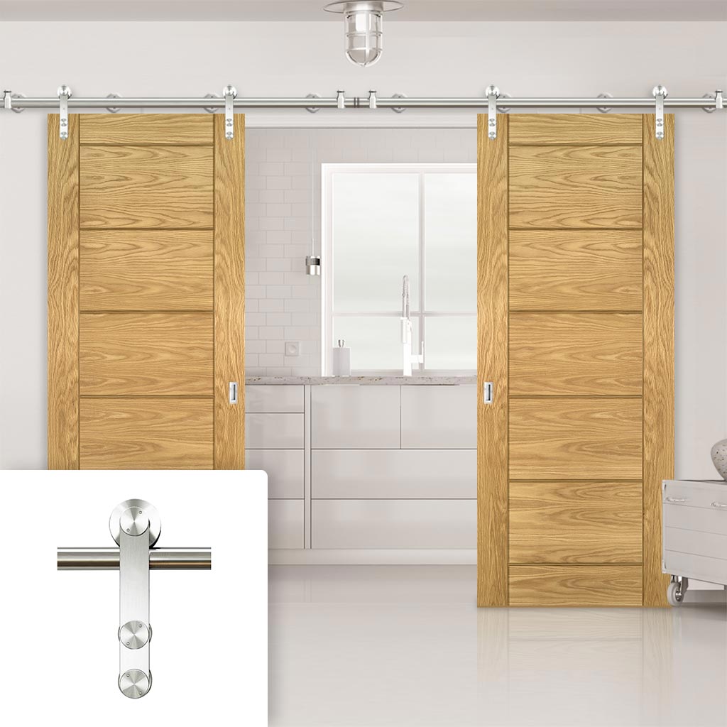 Saturn Tubular Stainless Steel Sliding Track & Seville Oak Panel Double Door - Prefinished