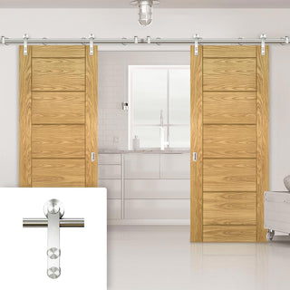 Image: Saturn Tubular Stainless Steel Sliding Track & Seville Oak Panel Double Door - Prefinished