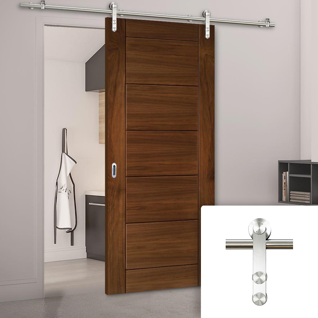 Saturn Tubular Stainless Steel Sliding Track & Seville Walnut Door - Prefinished