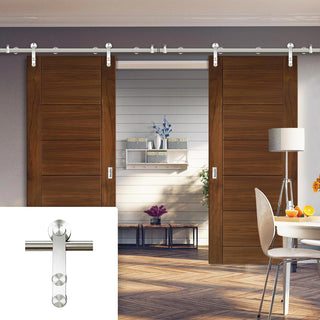 Image: Saturn Tubular Stainless Steel Sliding Track & Seville Walnut Double Door - Prefinished