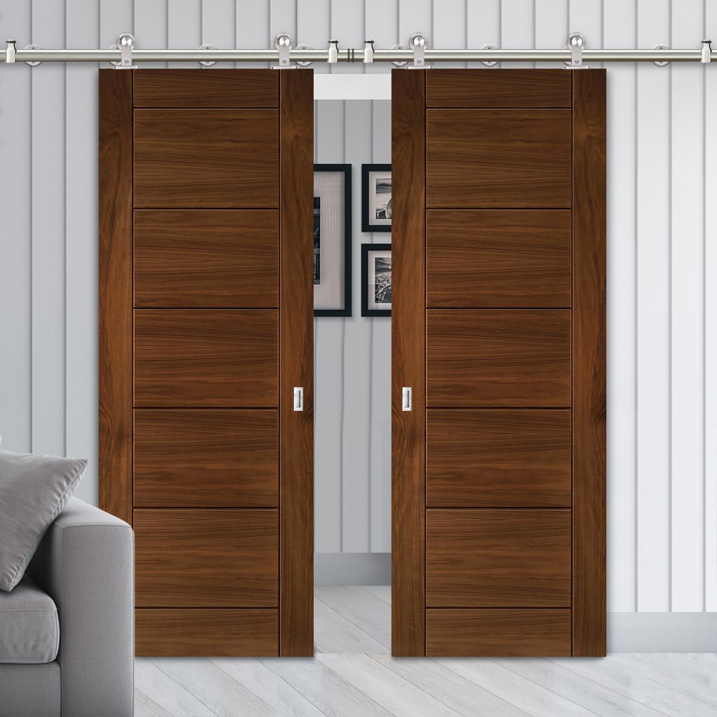 Sirius Tubular Stainless Steel Sliding Track & Seville Walnut Double Door - Prefinished